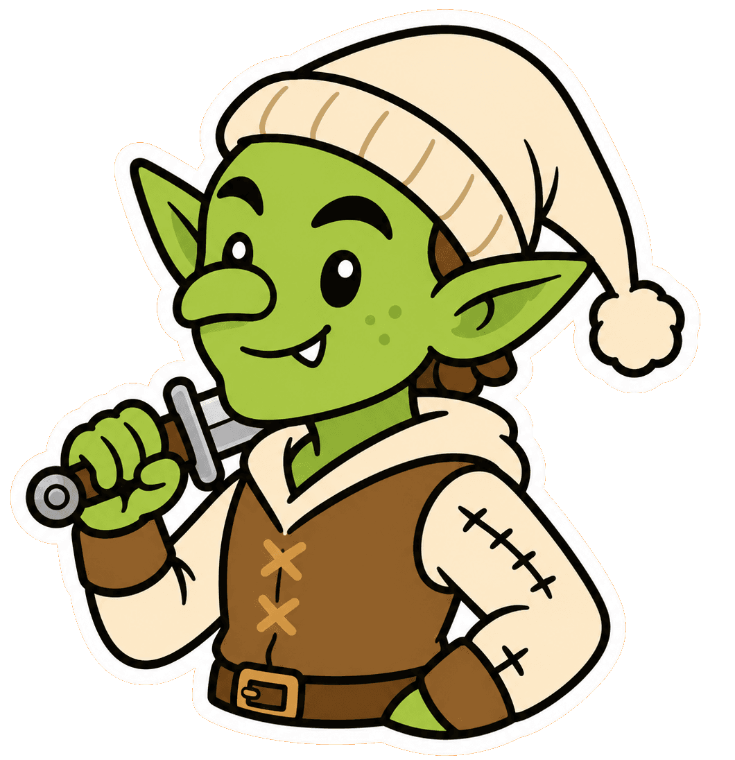 Goblin mascot resting a dagger on its shoulder